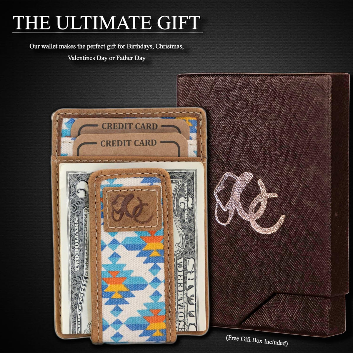Cartera de cuero de grano completo con bolsillo frontal con protección RFID, diseño delgado, múltiples ranuras para tarjetas, marrón azteca negro, Azteca, Minimalista