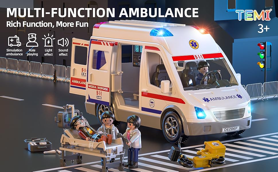 TEMI Juguete de ambulancia para niños de 3 4 5 6 7 8 años