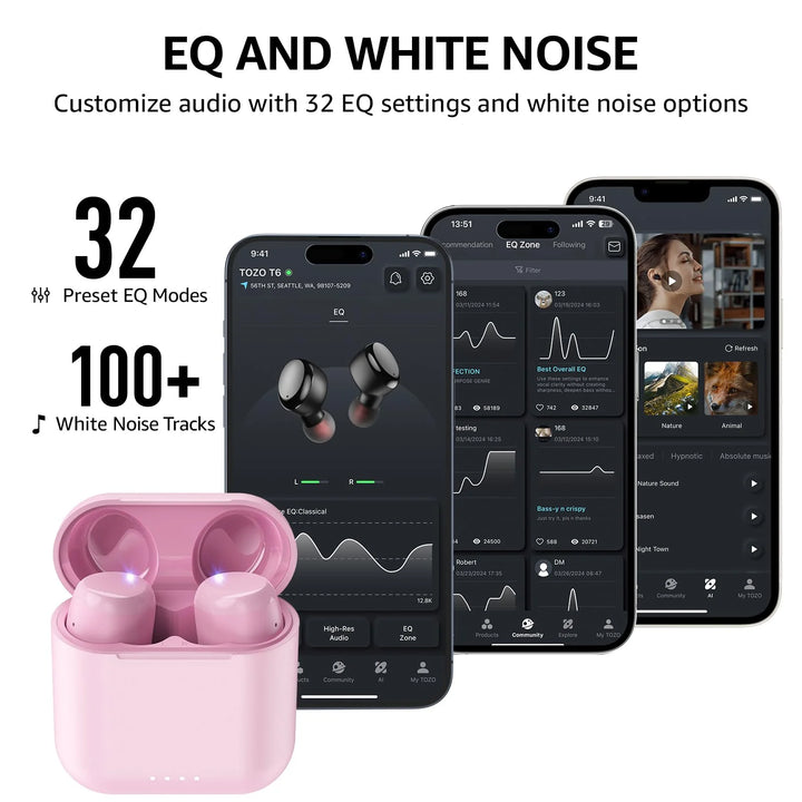 T6 Wireless Earbuds, Bluetooth 5.3 Ear Buds, Stereo in Ear Headphones, 50H Play, Wireless Charging Case, Noise Cancelling Mic, App 32EQ, IPX8 Waterproof Earphones, Rose Gold