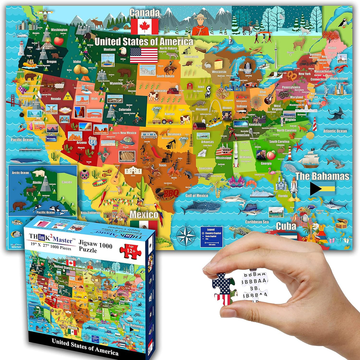 Think2Master Colorido mapa de Estados Unidos 1000 piezas rompecabezas para mayores de 13 años, adultos y familias. Gran regalo educativo para el interés en el mapa de EE. UU. Tamaño: 26.8 "x 18.9"