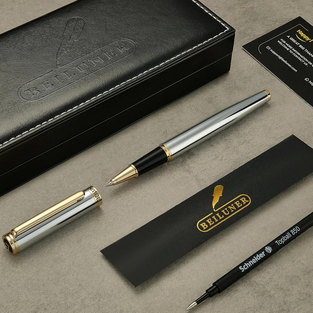 BEILUNER - Bolígrafo de lujo con bola de rodillo, impresionante diseño de cromo plateado con acabado en oro de 24 quilates, diseños nobles y elegantes, repuesto de tinta Schneider, el mejor bolígrafo