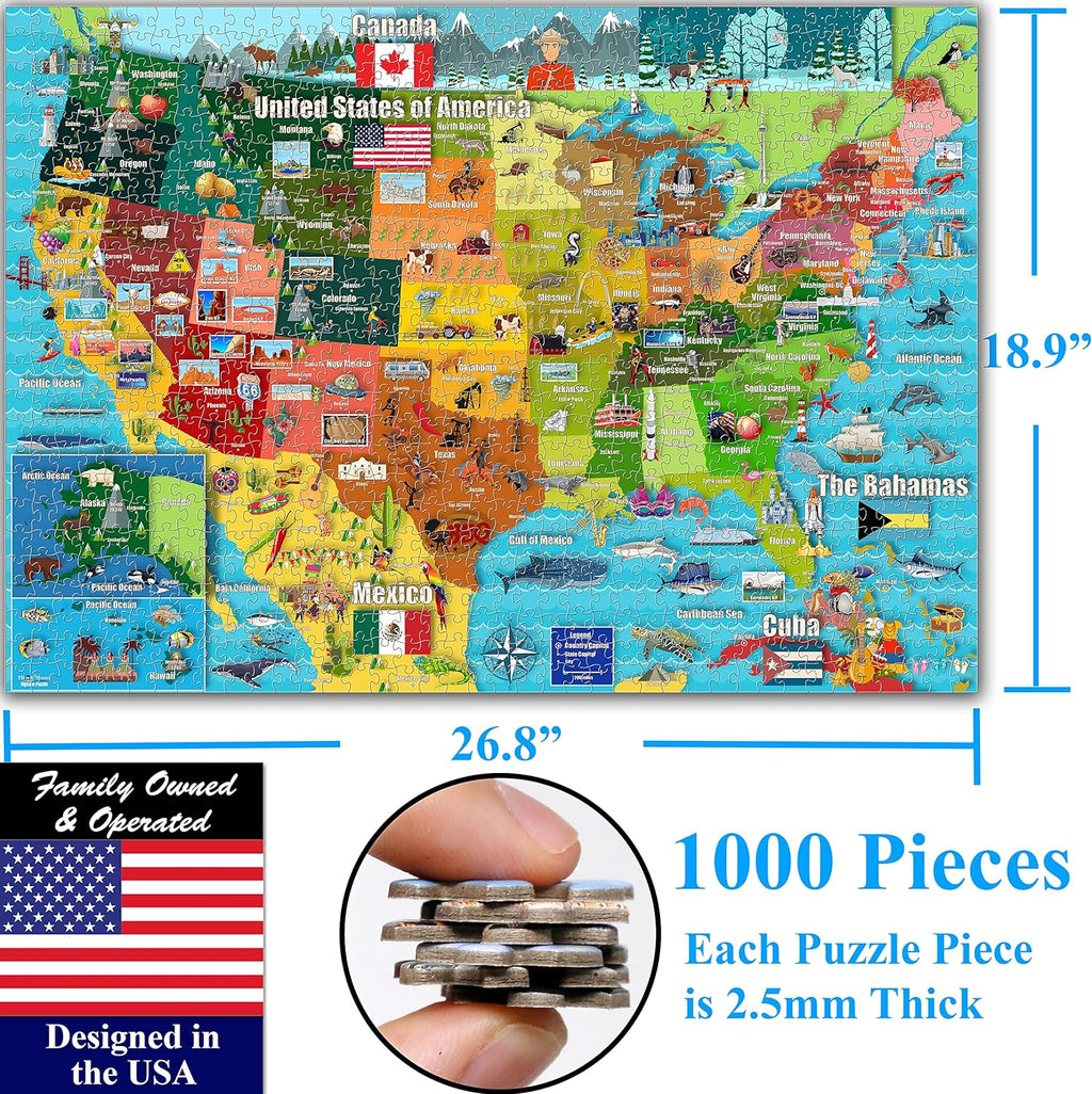 Think2Master Colorido mapa de Estados Unidos 1000 piezas rompecabezas para mayores de 13 años, adultos y familias. Gran regalo educativo para el interés en el mapa de EE. UU. Tamaño: 26.8 "x 18.9"