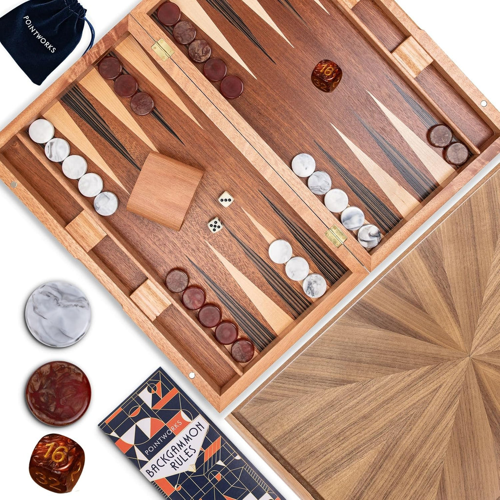 Pointworks Juegos de backgammon de 17 pulgadas para adultos. Hermoso juego de mesa de backgammon con incrustaciones de madera con damas y dados únicos. Juego de gammon de espalda grande tamaño de