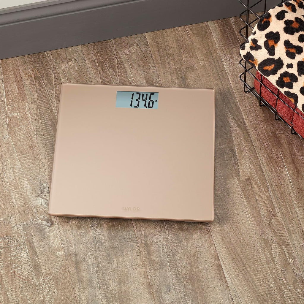 Taylor Báscula digital para peso corporal, capacidad altamente precisa de 400 libras, plataforma de vidrio duradera de 11.8 x 11.8 pulgadas, pantalla fácil de leer de 3.2 x 1.5 pulgadas, champán