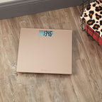 Taylor Báscula digital para peso corporal, capacidad altamente precisa de 400 libras, plataforma de vidrio duradera de 11.8 x 11.8 pulgadas, pantalla fácil de leer de 3.2 x 1.5 pulgadas, champán