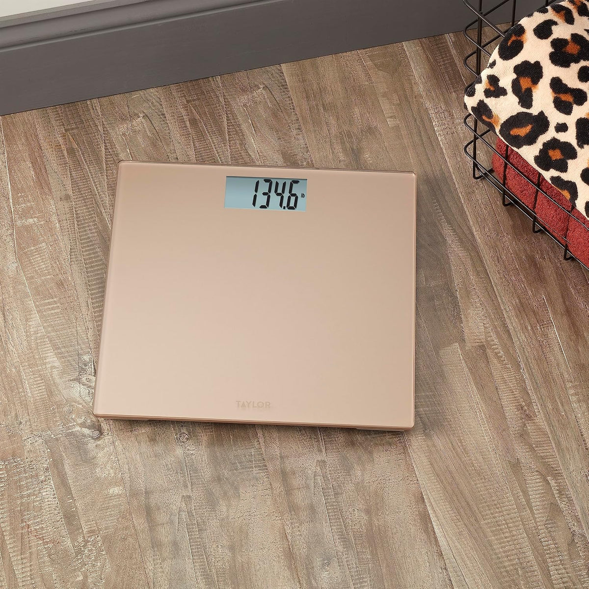 Taylor Báscula digital para peso corporal, capacidad altamente precisa de 400 libras, plataforma de vidrio duradera de 11.8 x 11.8 pulgadas, pantalla fácil de leer de 3.2 x 1.5 pulgadas, champán