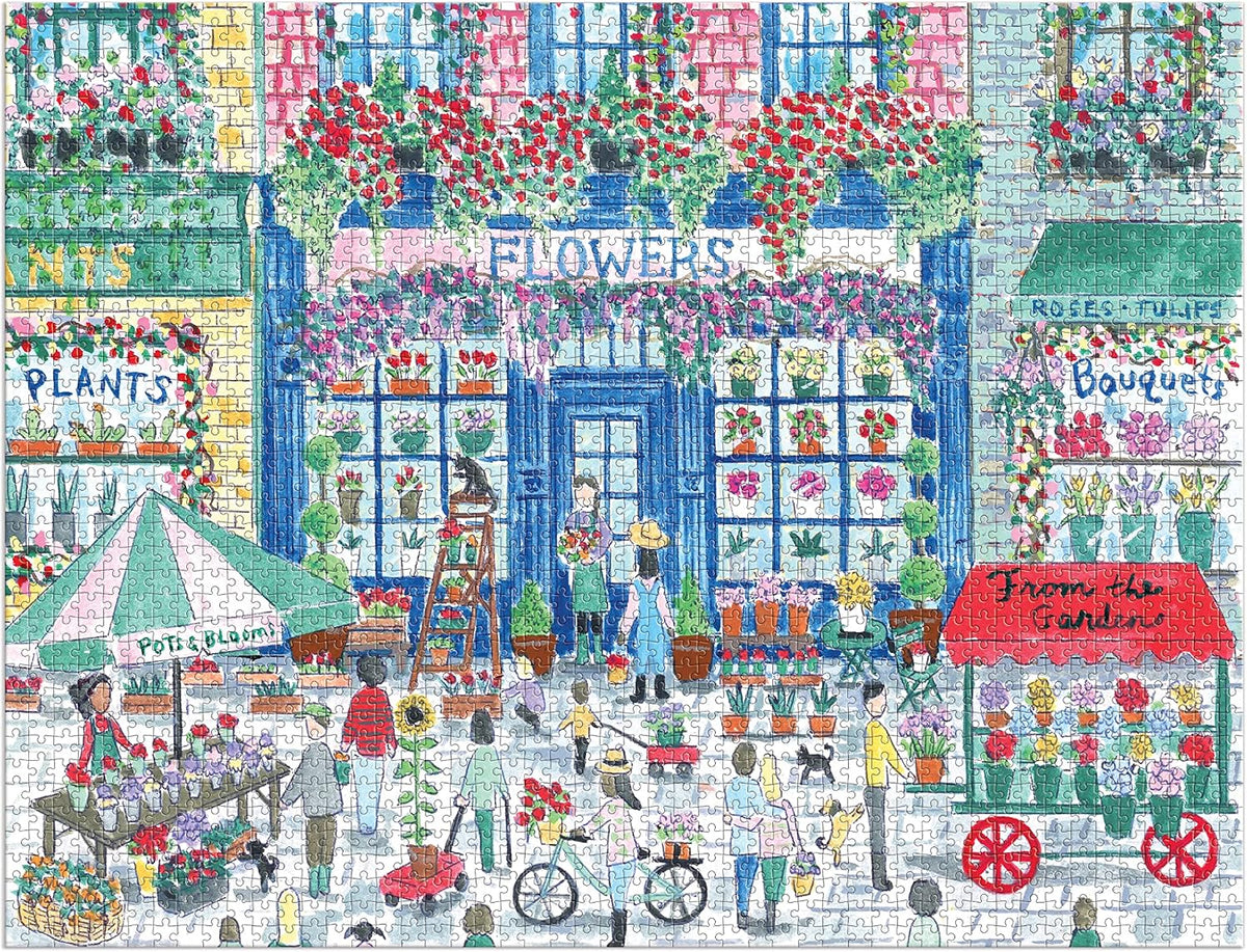 Galison Michael Storrings Market in Bloom – Rompecabezas de 2000 piezas: actividad divertida y desafiante con ilustraciones brillantes y audaces de un mercado soleado y flores para adultos y familias