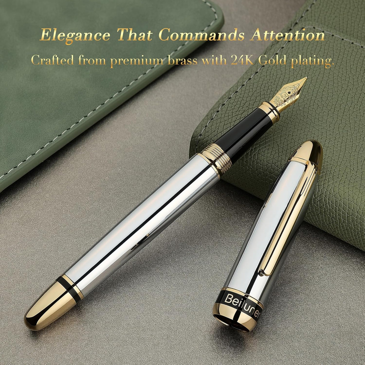 BEILUNER Pluma estilográfica cromada plateada 315, impresionantes plumas de lujo con acentos de oro de 24 quilates, hermosa plumilla dorada de 24 quilates (mediana), convertidor de tinta, regalo de