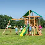 Backyard Discovery Mount Mckinley - Juego de columpio de madera de cedro con tobogán de olas, plataforma de juego, pared de escalada doble, escalera de cuerda, columpio de red, columpios de cinturón
