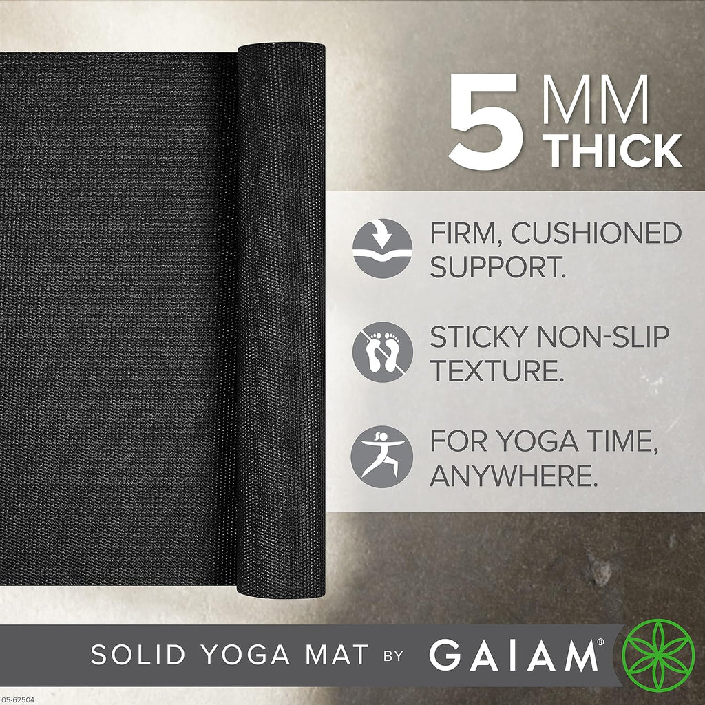 Gaiam - Esterilla de yoga de calidad superior de 5mm, lisa, gruesa y antideslizante para todo tipo de ejercicios de yoga, pilates y gimnasia (173 cm x 61 cm x 5 mm)