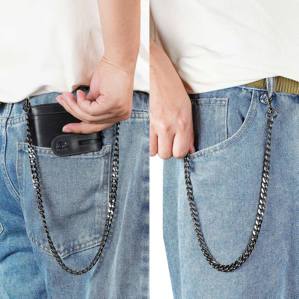 Cartera de cuero genuino para hombre: billetera de cadena antirrobo