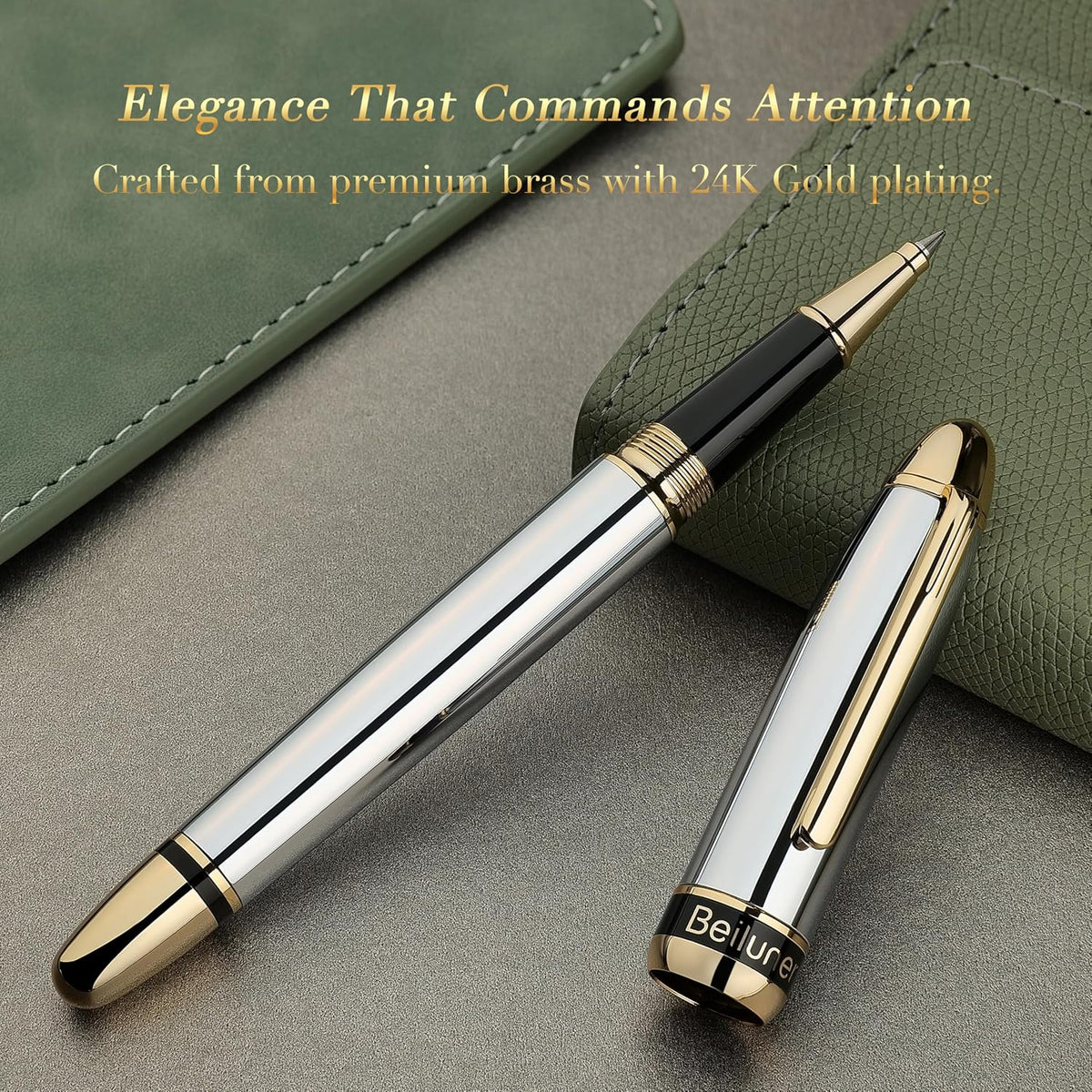 BEILUNER 315 Pluma Rollerball de Lujo, Impresionante Cromo Plateado con Acabado de Oro 24K, Artesanía de Grado de Lujo, El Mejor Set de Regalo de Pluma para Hombres y Mujeres, Graduación, Ejecutivo