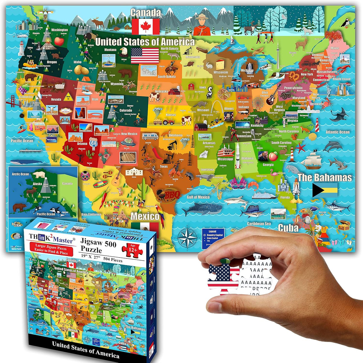 Think2Master Colorido mapa de Estados Unidos 500 piezas con piezas grandes rompecabezas para mayores de 13 años, adolescentes, adultos y familias. Gran regalo para estimular el interés en el mapa de