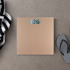 Taylor Báscula digital para peso corporal, capacidad altamente precisa de 400 libras, plataforma de vidrio duradera de 11.8 x 11.8 pulgadas, pantalla fácil de leer de 3.2 x 1.5 pulgadas, champán