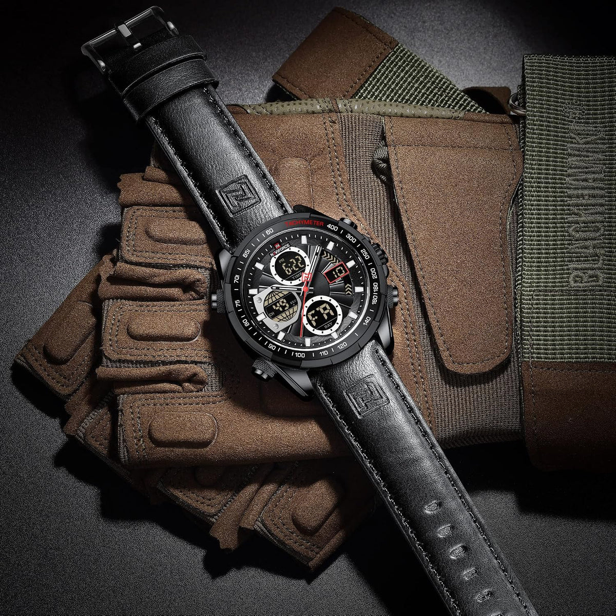 NAVIFORCE Relojes militares digitales para hombre, reloj analógico de cuarzo, resistente al agua, deportivo, multifuncional, correa de cuero, reloj de pulsera