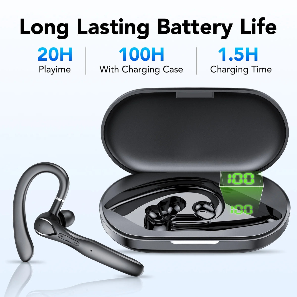 2025 New Bluetooth Headset V5.3, 100H Talk Handsfree Wireless Headset with Dual ENC Noise Canceling Mic Mute, Single Ear Headsets IP7 Waterproof, in Ear Earpiece for Driving/Office/Business