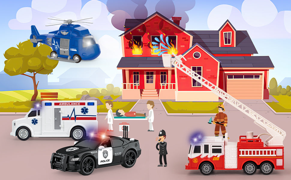 COVTOY Paquete de 4 vehículos de emergencia con luces y