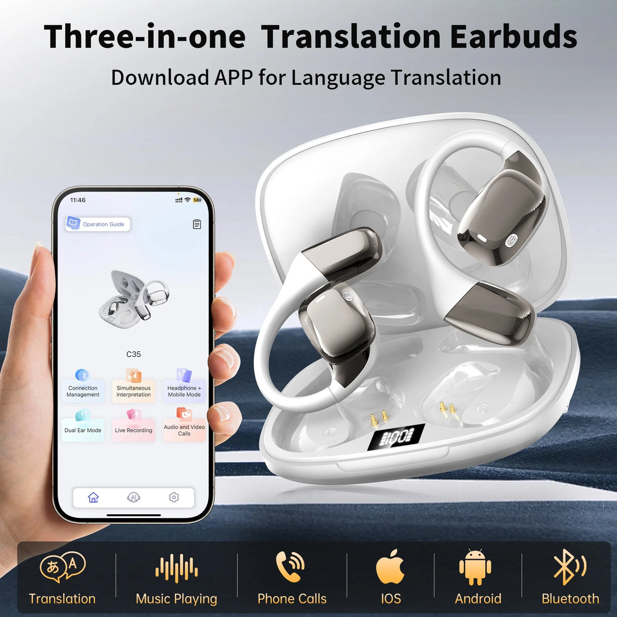 AI Translation Earbuds Real Time, Wireless Bluetooth Headphones, 144 Languages Two-Way Translator, Ios & Android Compatible, for Travel, Business, Learning,Sports