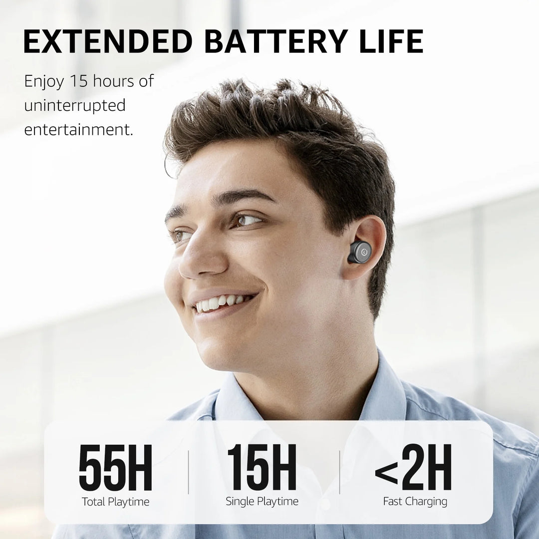 T10 Wireless Earbuds, Bluetooth Ear Buds, Stereo Bass in Ear Headphones, 55H Play, Active Noise Cancelling Mic, Wireless Charging Case, App 32EQ, IPX8 Waterproof, Black