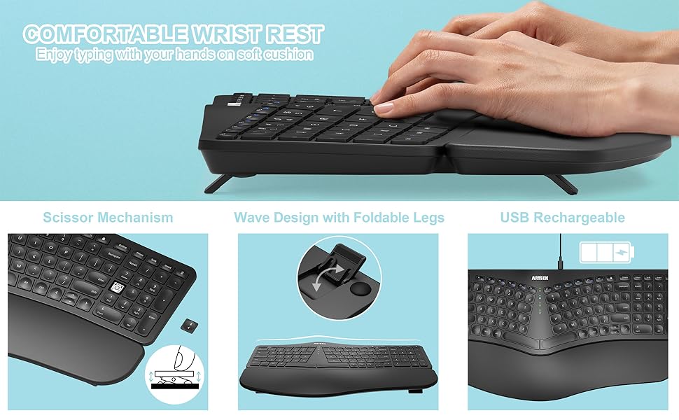 Arteck Teclado ergonómico dividido con reposamuñecas