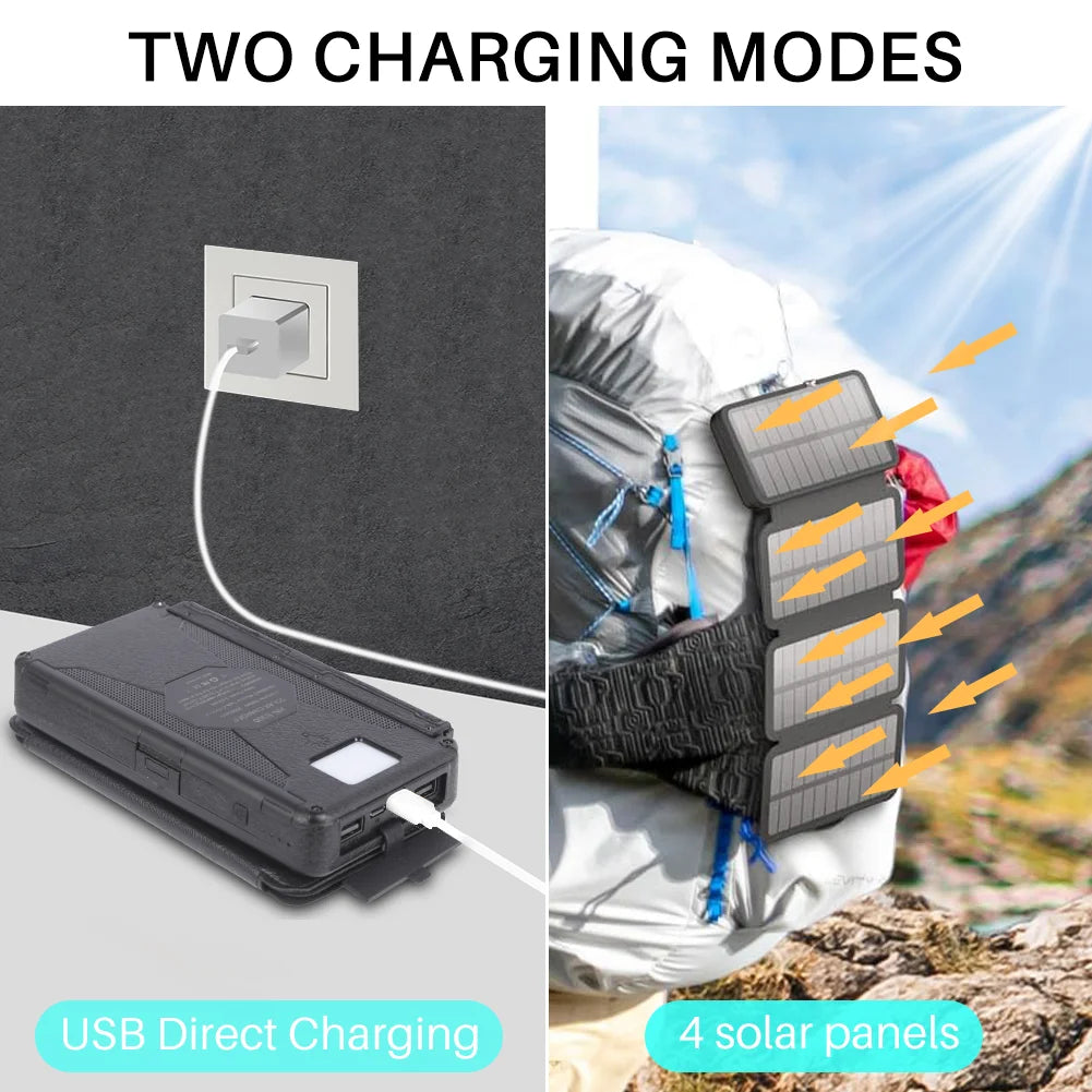 Portable Solar Charger for Iphone Android, 30000Mah Power Bank with 4 Solar Panels and Compass