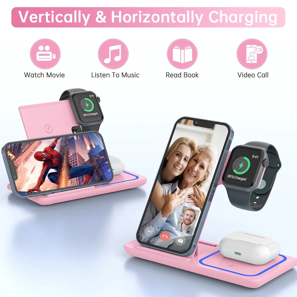 Wireless Charger, 18W 3 in 1 Wireless Charging Station for Iphone 16E 15 14 13 12 Pro XR XS, Fast Charing Stand for Iwatch 10/9/8/7/6/SE/5/4/3, Airpods 4/3/2/Pro, Samsung Galaxy S23 S22 S21 20(Pink)