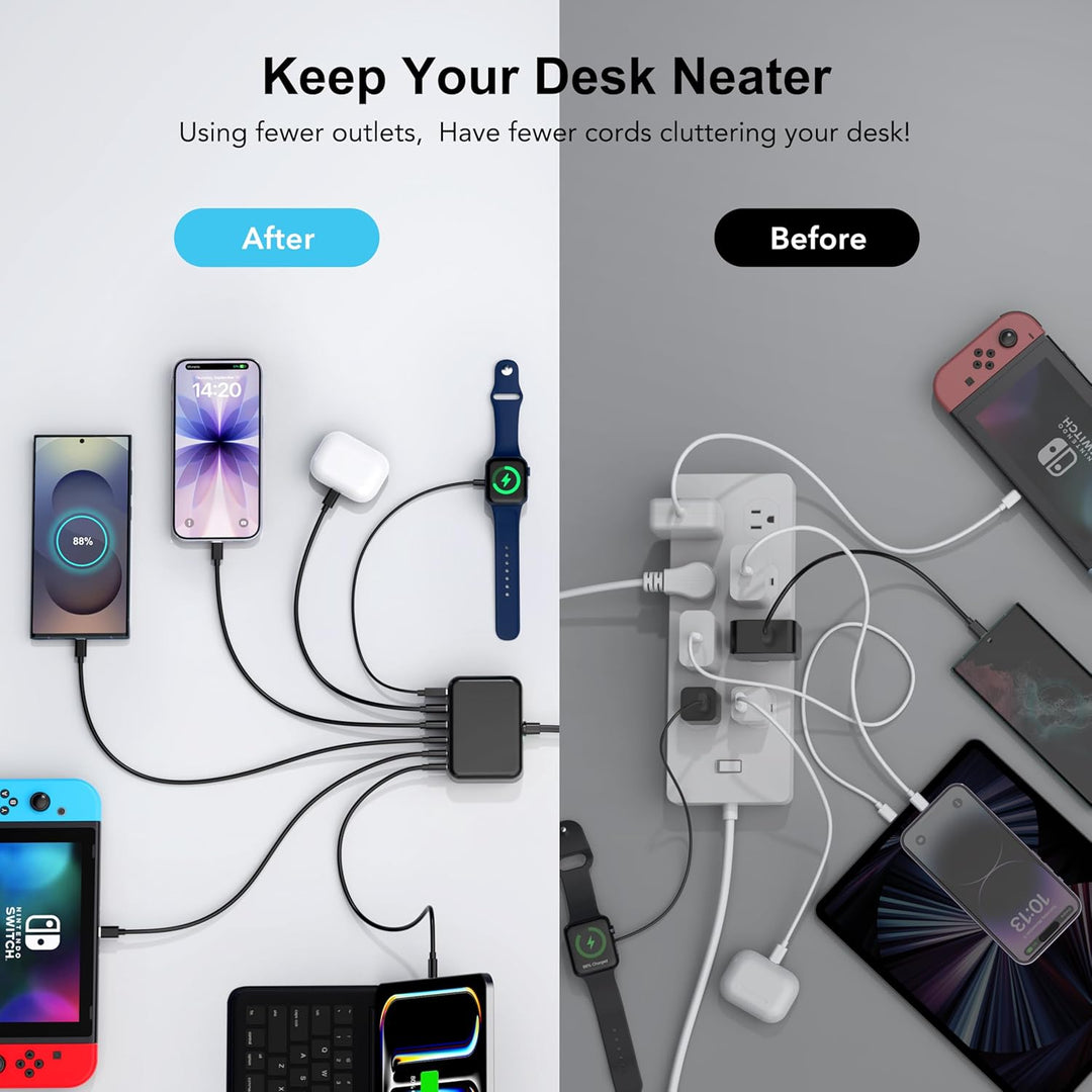 Cargador USB C Rápido, 100W GaN Estación de Carga de 6 Puertos Tipo C Hub Bloque Cubo, para iPad iPhone 17 16 15 14 13 12 Pro Max Pixel Note
