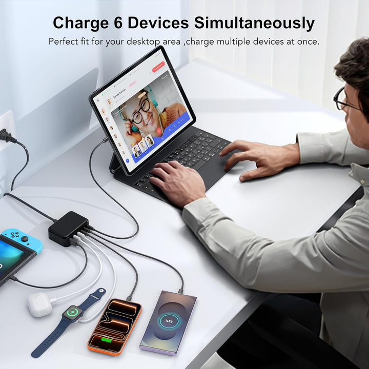 Cargador USB C Rápido, 100W GaN Estación de Carga de 6 Puertos Tipo C Hub Bloque Cubo, para iPad iPhone 17 16 15 14 13 12 Pro Max Pixel Note