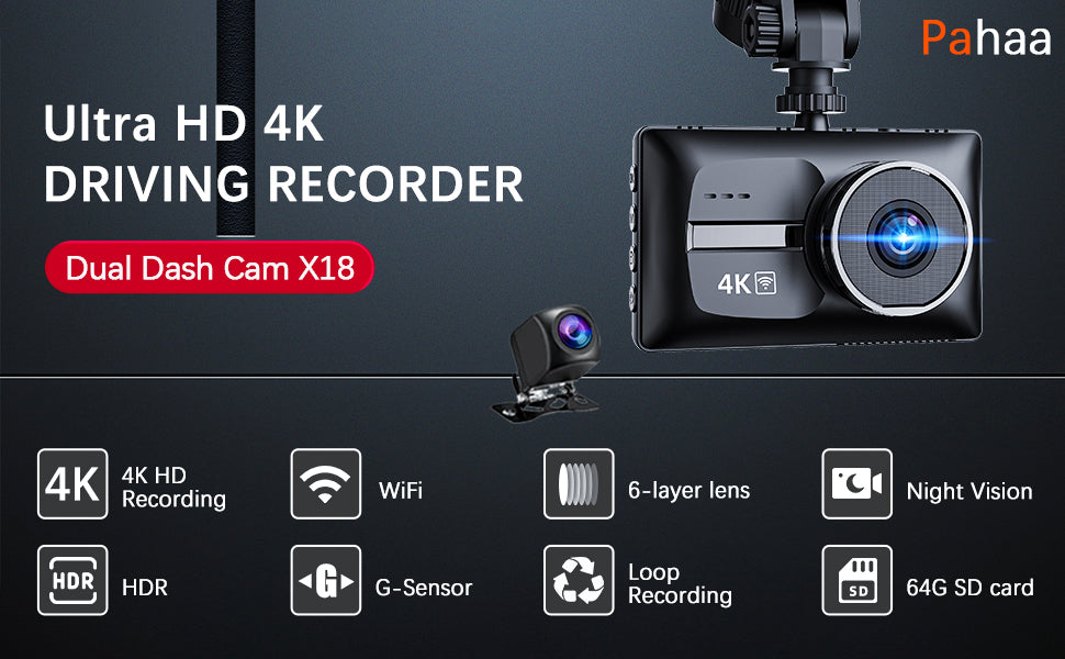 Cámara de tablero de auto dual delantera y trasera 4K