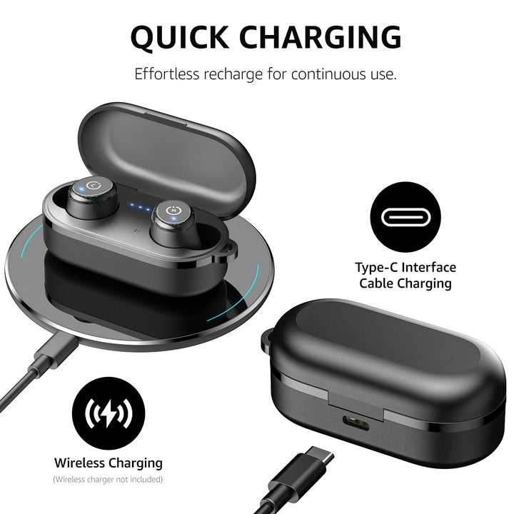 T10 Wireless Earbuds, Bluetooth Ear Buds, Stereo Bass in Ear Headphones, 55H Play, Active Noise Cancelling Mic, Wireless Charging Case, App 32EQ, IPX8 Waterproof, Black