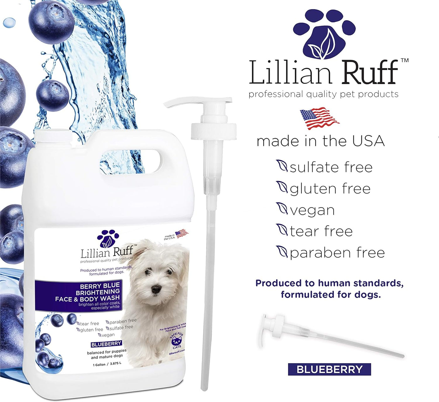 PRO Formula Berry Blue Brightening Pet Shampoo - Ultra-Hydrating Professional Whitening Dog Shampoo, Vivid Show-Quality Coat Enhancer, Tear Stain & Odor Eliminator, Vitamin B5, 128Oz+Pump