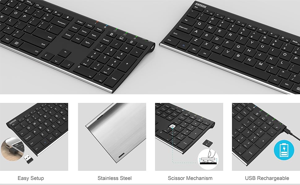 Arteck - Teclado inalámbrico de acero inoxidable ultra