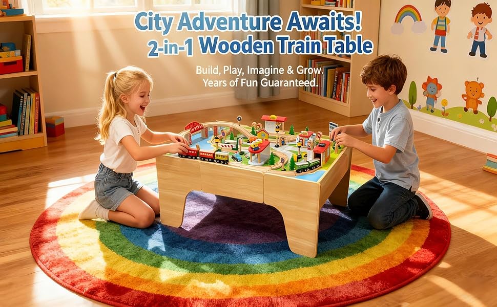 Juego de tren de madera y mesa con cajón mesa de