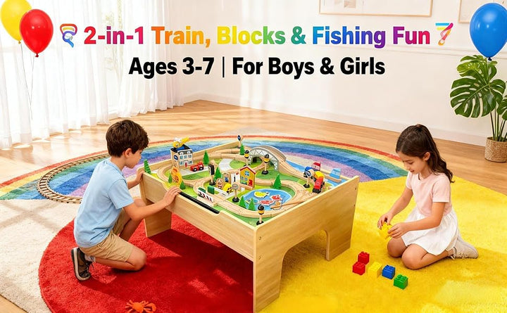 Juego de tren de madera y mesa con base de bloque de