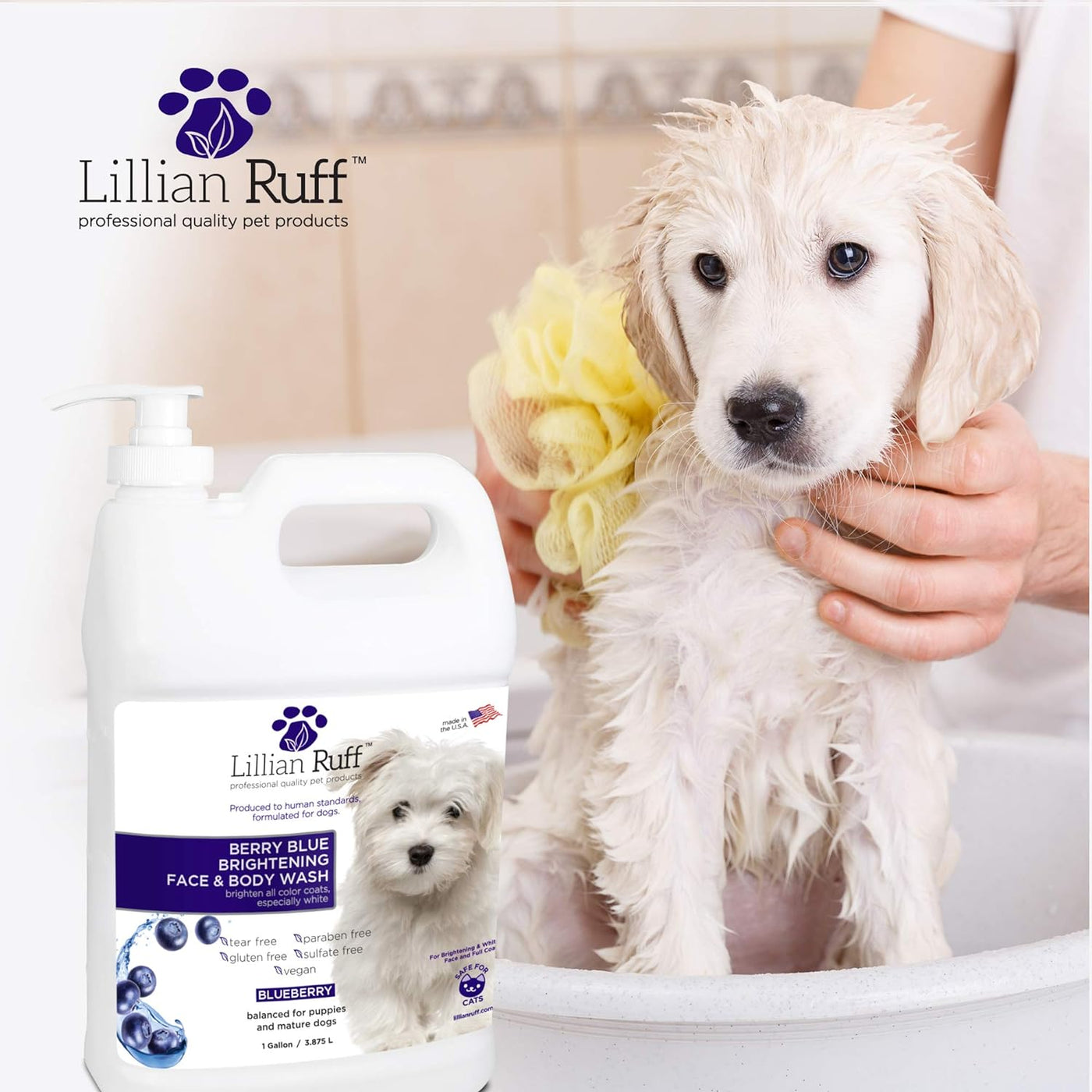 PRO Formula Berry Blue Brightening Pet Shampoo - Ultra-Hydrating Professional Whitening Dog Shampoo, Vivid Show-Quality Coat Enhancer, Tear Stain & Odor Eliminator, Vitamin B5, 128Oz+Pump