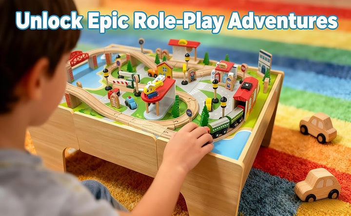 Juego de tren de madera y mesa con cajón mesa de