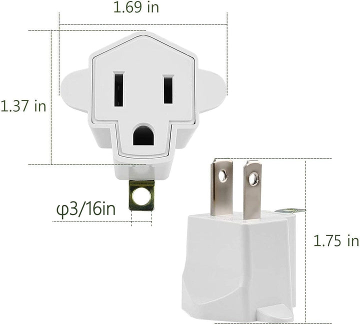 3 Prong to 2 Prong Polarized Grounding Adapter, Wall Outlet Converter 3-Prong Adapter Fireproof Material 392℉ Resistant Heavy Duty for Household, Christmas Light, Indoor Use Only, 10 Pack