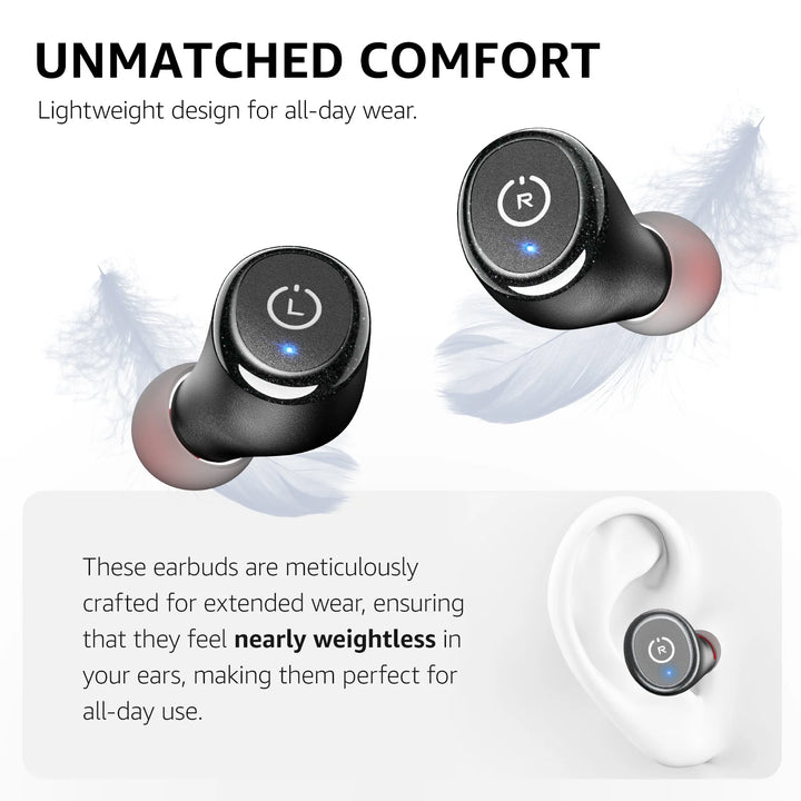 T10 Wireless Earbuds, Bluetooth Ear Buds, Stereo Bass in Ear Headphones, 55H Play, Active Noise Cancelling Mic, Wireless Charging Case, App 32EQ, IPX8 Waterproof, Black