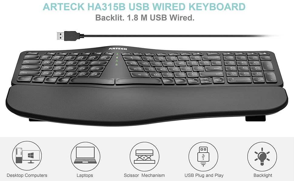 Arteck - Teclado USB Ergonómico con Cable con